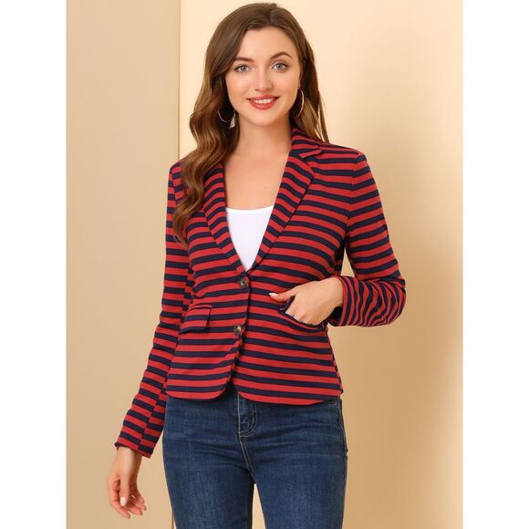 Notched Lapel Pocket Button Closure Striped Blazer Red Blue - Picture 2 of 6